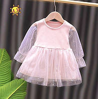 Красивое детское платье трикотажное с фатином на девочку розовое 80, 92 см