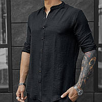 Льняная мужская рубашка с короткими рукавами для лета: черный цвет