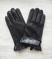 Мужские кожаные перчатки из оленьей кожи, подкладка махра, черные