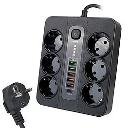 Мережевий фільтр BKL-11EU на 6 розеток + 3 USB + 2 USB IQ + Type C 3000Вт кабель на 2м Black