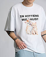 Мужская футболка широкая оверсайз с принтами Kittens белая