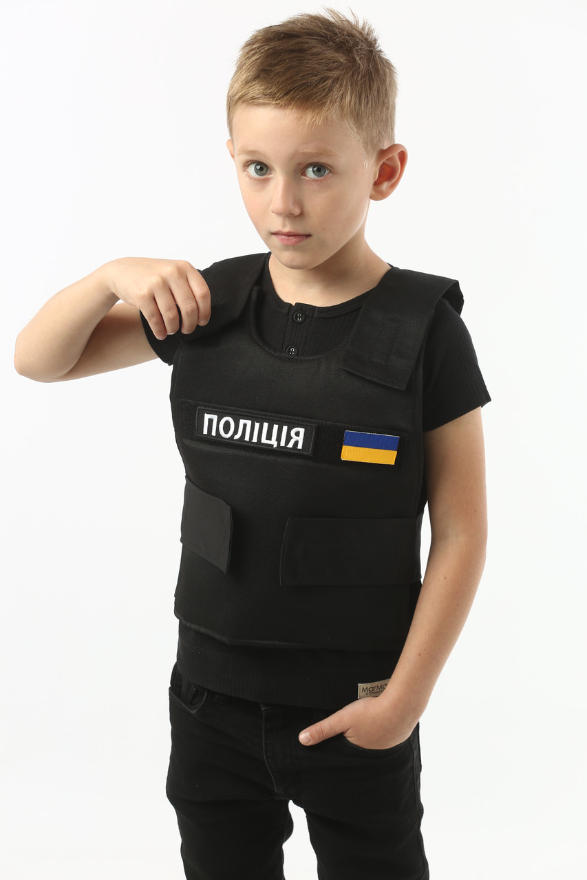 Дитячий ігровий бронежилет поліцейського чорний унісекс на 5-7 років / Карнавальний костюм рольовий для дитини, фото 1