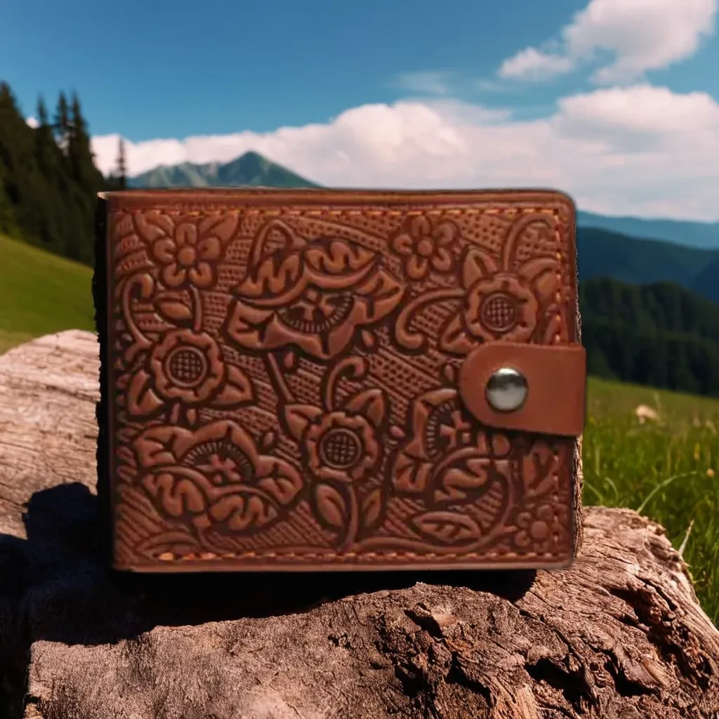 Жіночий гаманець з тисненим орнаментом "Петриківка", ручна робота, натуральна шкіра, світло коричневого кольору, 11х9 см, фото 1