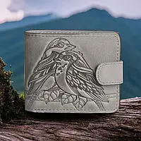 Стильный кожаный кошелек женский ручной работы с авторским тиснением "Птички" серый