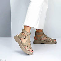 Женские босоножки сандалии на липучках кожаные бежевые моко Vanessa