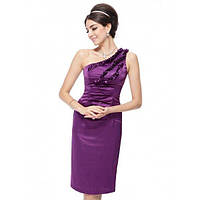 Коктейльное фиолетовое короткое платье с оборками спереди и открытым плечом. DreamShop