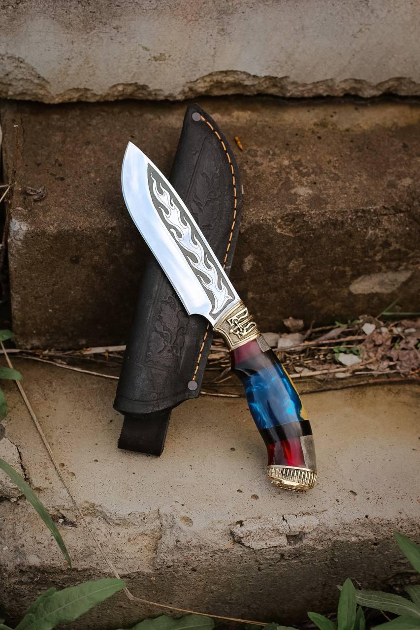 Ніж ручної роботи «Тризуб #4» зі шкіряними піхвами нескладаний 95Х18/58 HRC., фото 1