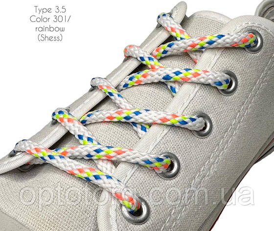 Шнурки для взуття 100см Білий+райдужний круглі Шахмата 5мм поліестер, фото 2