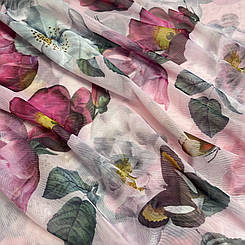 Сітка квітковий принт піони рожева пружна еластична 150 см.