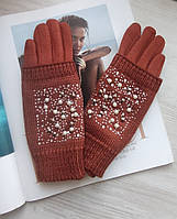 Женские теплые перчатки, вязка бусинами светло коричневые