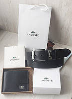 Кожаный мужской набор Lacoste ремень и кошелек black