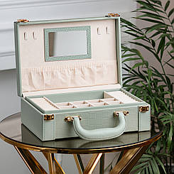 Скринька органайзер для прикрас біжутерії прямокутна 27 х 18.5 х 9 см з дзеркальцем валіза з екошкіри Оливкова