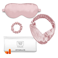 Шелковый набор для сна 5в1 Розовый, Маска, повязка для волос, беруши, резинка COSMI