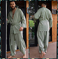 Костюм льняной мужской ( кимоно/штаны) цвета оливка для йоги и медитаций. .