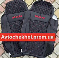 Модельные автомобильные чехлы MAN TGX (2005-2012) (1+1) (высокая спинка) (красная строчка и логотип)