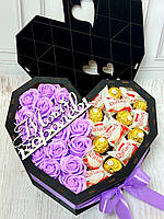 Подарок в деревянной коробке, маме, жене, любимой девушке с мыльными розами и конфетами