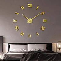 Великий настінний годинник 3D стрілочний 90 см з римськими цифрами, наклейка з дзеркальним ефектом Gold