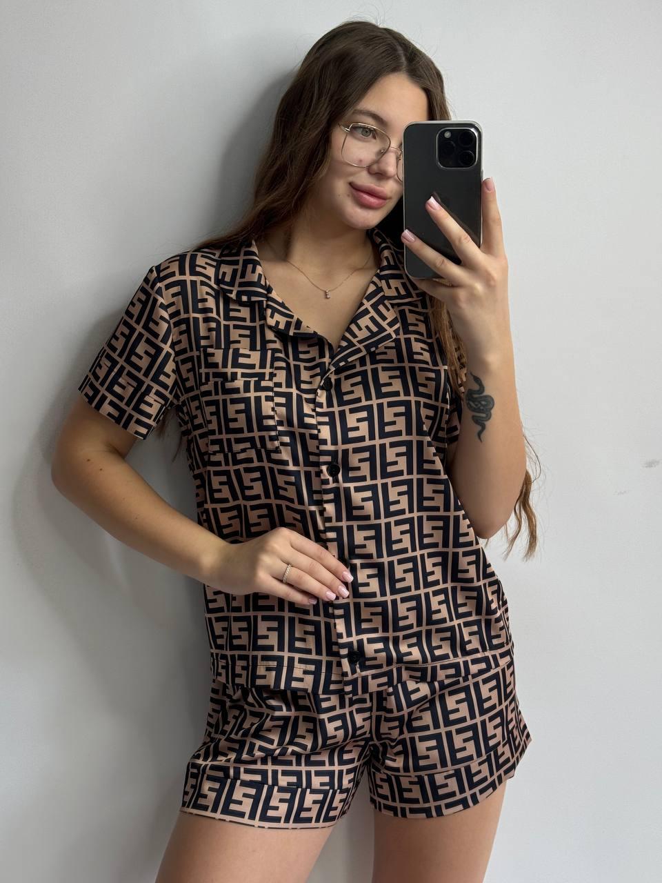 Піжама жіноча ШОВК FENDI сорочка+шорти 052/21, фото 1