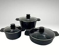Набір посуду з антипригарним покриттям 6 предметів Чорний, Набір каструль з кришками COSMI