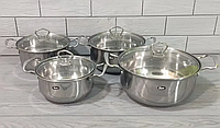 Набор посуды из нержавеющей стали UNIQUE 8 предметов Серый, Набор кастрюль с крышками COSMI