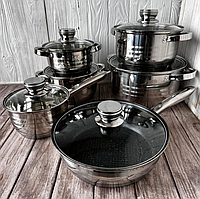 Набор посуды из нержавеющей стали Rainberg 12 предметов Серый, Набор кастрюль с крышками COSMI