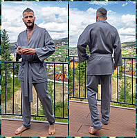 Мужской классный льняной костюм серого цвета (штаны+кимоно).