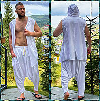 Мужской классный костюм (кардиган+штаны алладины) белого цвета с капюшоном, без пуговиц для медитаций и йоги..
