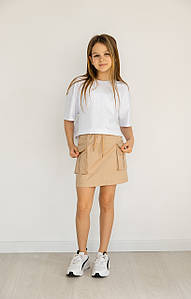 Спідниця карго для дівчинки з накладними кишенями (134-158см) | Котон колір беж