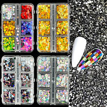 Набір фольгованих прикрас у контейнері (6 осередків) для дизайну нігтів, - 391