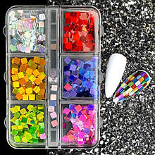 Набір квадратних страз у контейнері (6 комірок) для дизайну нігтів, - 391 Різнокольорові - В