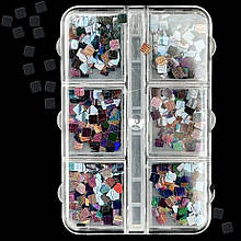 Набір квадратних страз у контейнері (6 комірок) для дизайну нігтів, - 391 Чорний - А