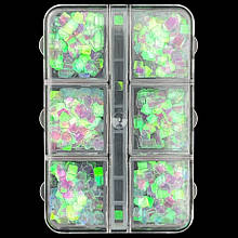 Набір квадратних страз у контейнері (6 комірок) для дизайну нігтів, - 391 Прозорий - F