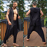 Костюм мужской классный (кардиган+штаны алладины)черного цвета с капюшоном, без пуговиц для медитаций и йоги..