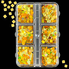 Набір квадратних страз у контейнері (6 комірок) для дизайну нігтів, - 391 Золото - D