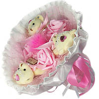 Букет из мягких игрушек Мишки белые 3 в розовом с розами 5160IT, Lala.in.ua