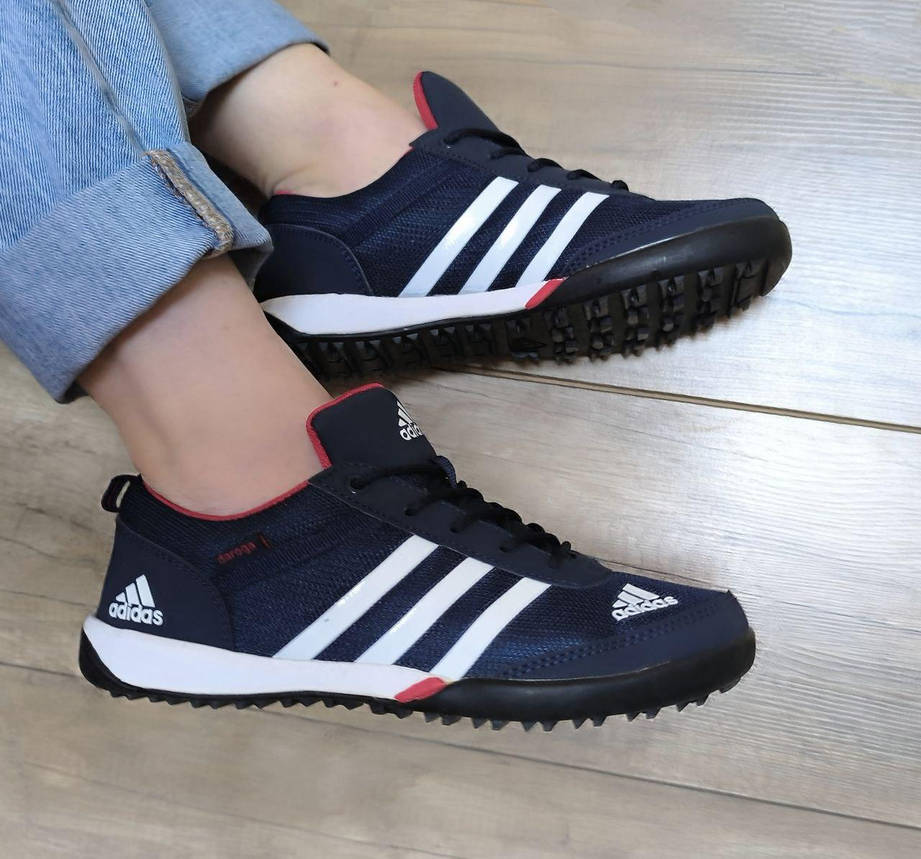 Кроссовки ADIDAS сетка синие на белой плоской подошве и белыми полосами с фирменым логотипом, фото 1