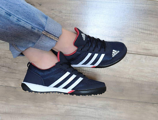 Кроссовки ADIDAS сетка синие на белой плоской подошве и белыми полосами с фирменым логотипом, фото 3