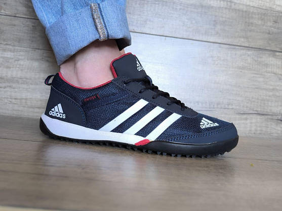 Кроссовки ADIDAS сетка синие на белой плоской подошве и белыми полосами с фирменым логотипом, фото 4