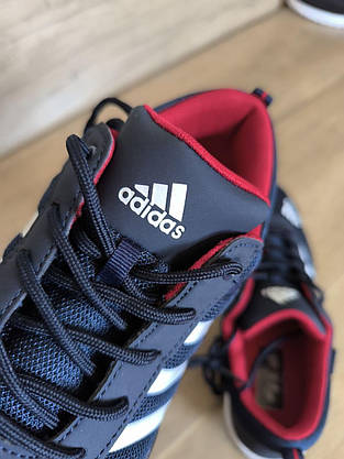 Кроссовки ADIDAS сетка синие на белой плоской подошве и белыми полосами с фирменым логотипом, фото 5