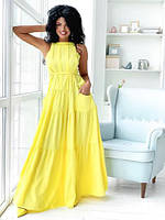 Жіноча літня довга сукня Мод мр 095 плаття софт на зав'язках, з кишенями (42-44 та 44-46 розміри ) желтый,