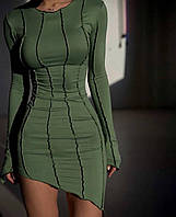 YB_Женское силуэтное платье со скошенным низом и фигурными рельефными швами. Арт 1018А300 Хаки 42/44