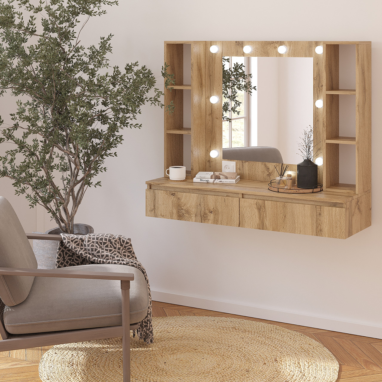 Туалетний столик підвісний з підсвіткою 1000х1200х400 мм Дуб Тахо, фото 1