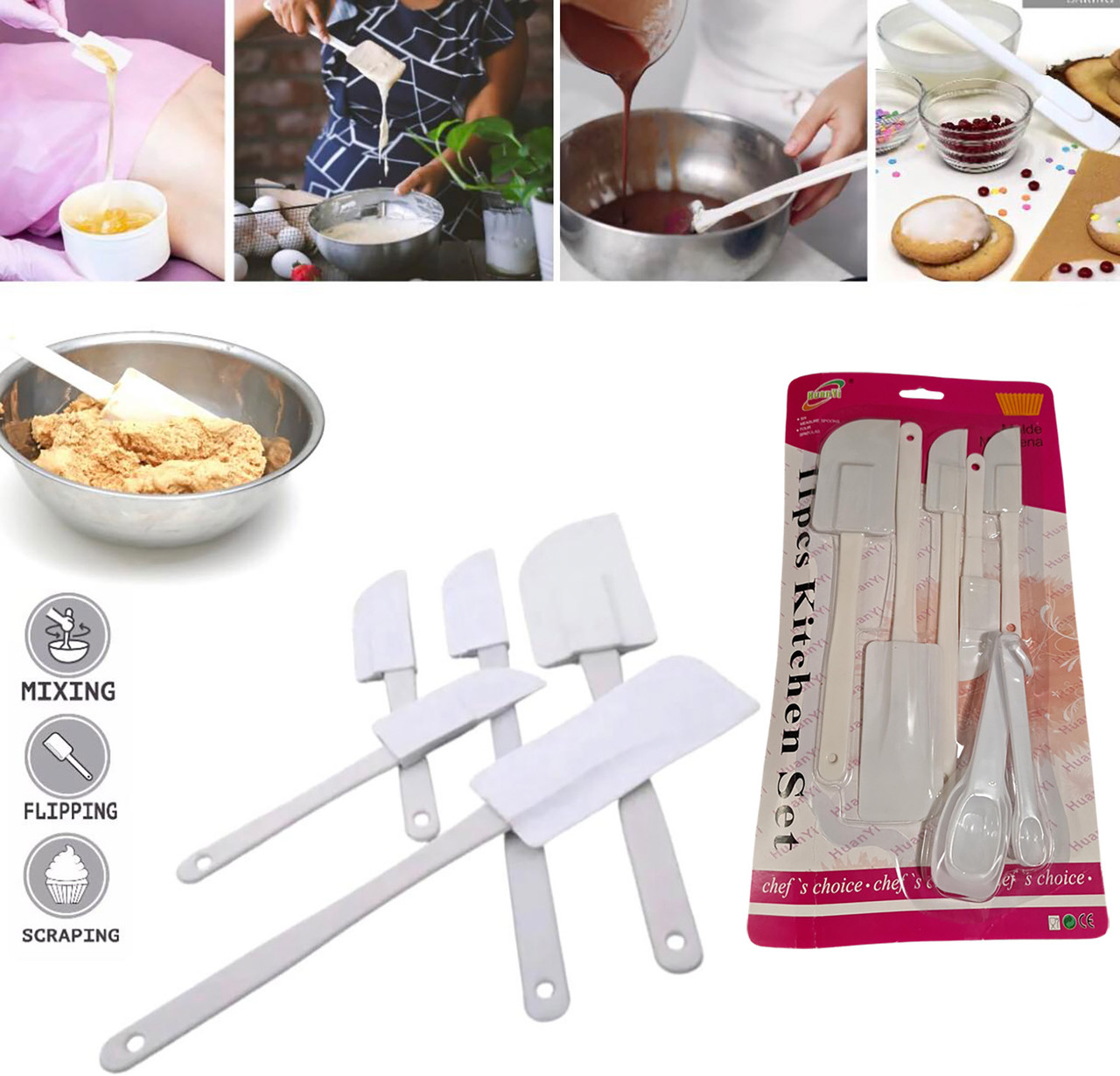 Набір силіконових лопаток 5шт. + 6 шт. пластмасових мірних ложок на планшеті L 15/15/23,5/24/25 см