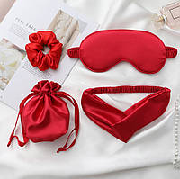 Набор для сна 4в1 маска для сна, резинка для волос, повязка на голову и мешочек для хранения из шелка Red