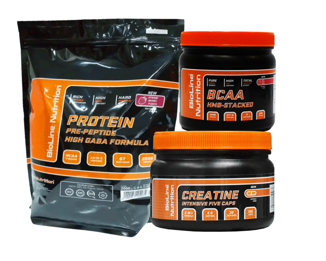 Bioline Nutrition: Сироватковий Протеїн 2 кг смак суниця + Амінокислоти BCAA 2:1:1 0,5 кг + Креатин, фото 1