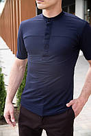 Мужская рубашка льняная темно-синяя стильная однотонная с коротким рукавом повседневная модная для парней
