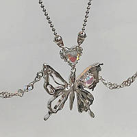 Двойная подвеска бабочка кристаллы многослойное украшение на шею с бабочкой