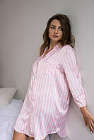 Шелковая рубашка размер M удлиненная розовая, женская ночная сатиновая рубашка на пуговицах для дома и отдыха