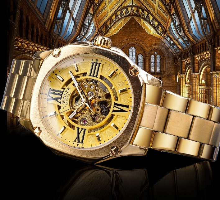 Чоловічий механічний наручний годинник Winner Skeleton з відкритим механізмом, годинник скелетон золотистий люкс