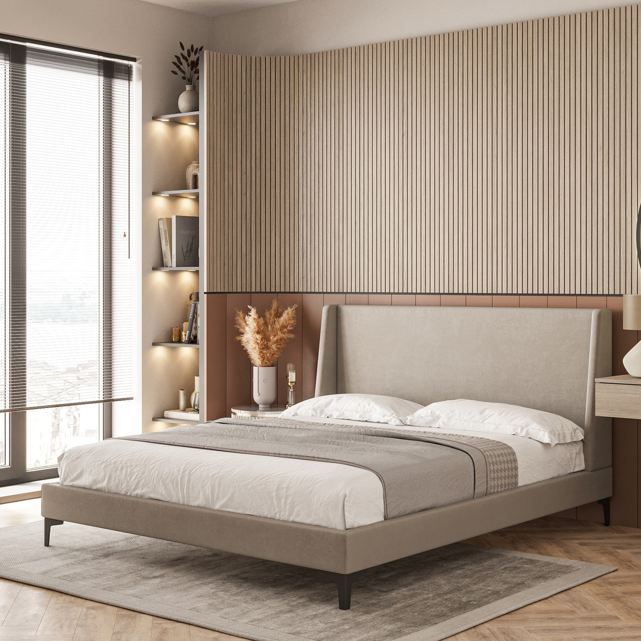 Стильне двоспальне м'яке сіре ліжко на ніжках із велюровим узголів'ям 160х200 Генрі Шик Галичина